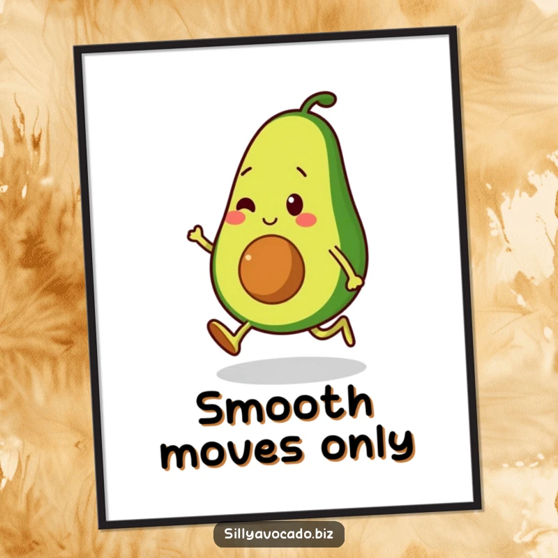 Funny poster showing an avocado character performing a moonwalk with small, bouncy legs, a dynamic and humorous piece.