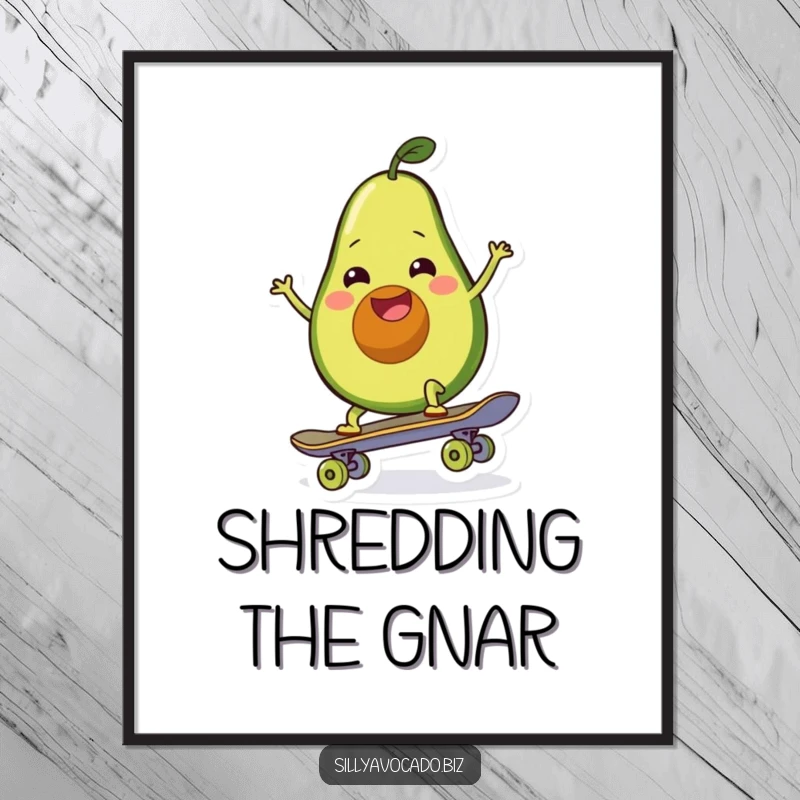 Funny poster art of a smiling avocado attempting to balance and ride a skateboard, captured in motion.