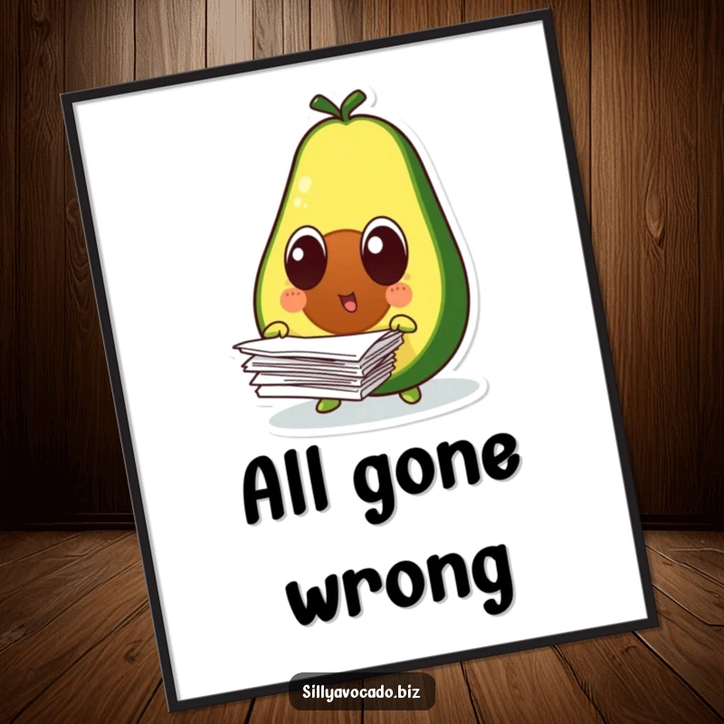 Funny surprised avocado character with wide eyes, papers flying around him, depicted as humorous wall art.