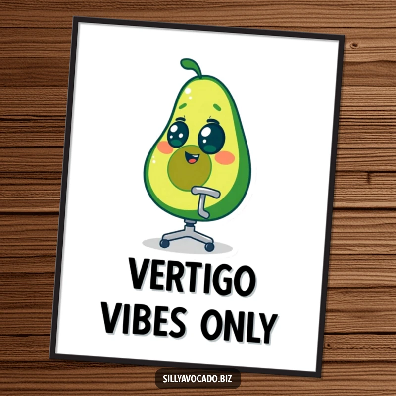 Funny dizzy avocado character in a comical spin within his office chair, displayed as vibrant wall art.