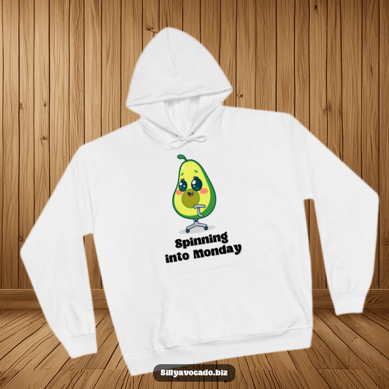 Funny dizzy avocado character caught mid-spin in a tiny office chair, depicted on a soft, warm hoodie.
