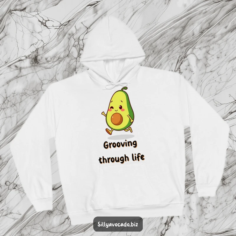 Funny hoodie featuring an avocado character moonwalking with small, bouncy legs, offering cozy comfort and humorous style.