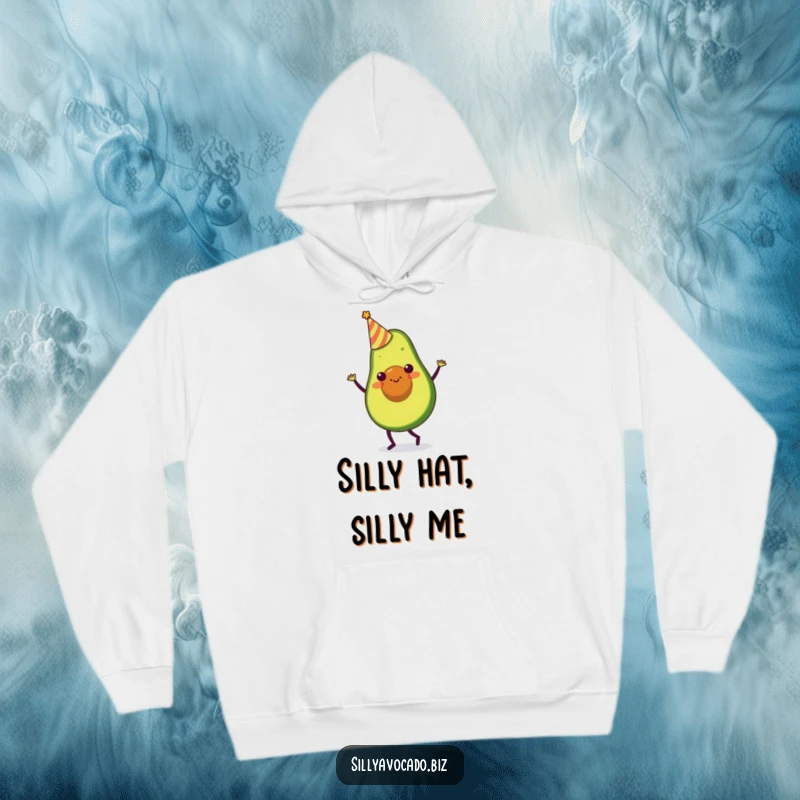 Funny hoodie featuring a festive avocado character in a small party hat, performing a silly dance with cozy charm.