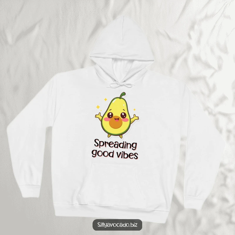 Funny Starry Avocado Hoodie showing a happy avocado with wide, starry eyes spinning around joyfully, designed for ultimate comfort and humor.