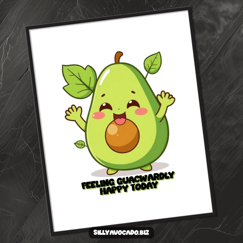 Funny Free Printable Wall Art: A vibrant, giggling avocado with energetic leafy arms, bringing joyous vibes to any room.