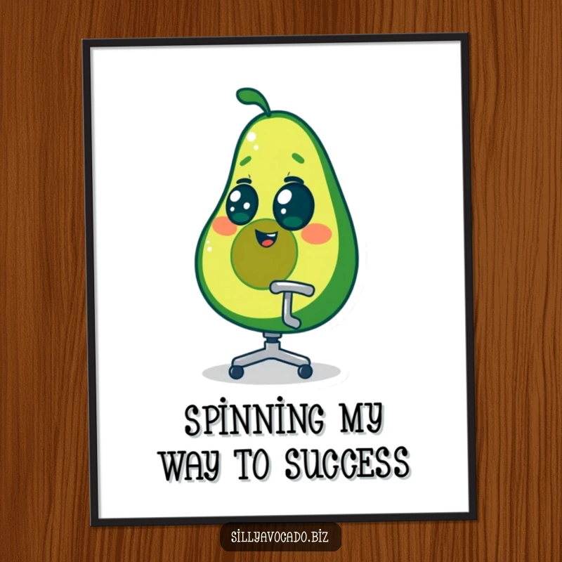 Funny free printable wall art: a dizzy avocado character with swirling eyes, spinning in a tiny office chair, creating whimsical room decor.