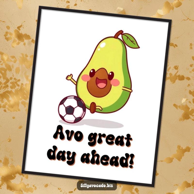 Funny Free Printable Wall Art depicting a cheerful avocado with tiny legs playing soccer, bringing dynamic humor to your decor.