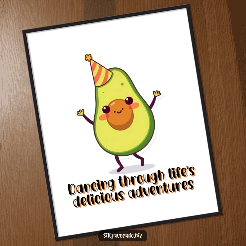 Funny Free Printable Wall Art: A cheerful avocado wearing a party hat, doing a silly dance with pure joy.
