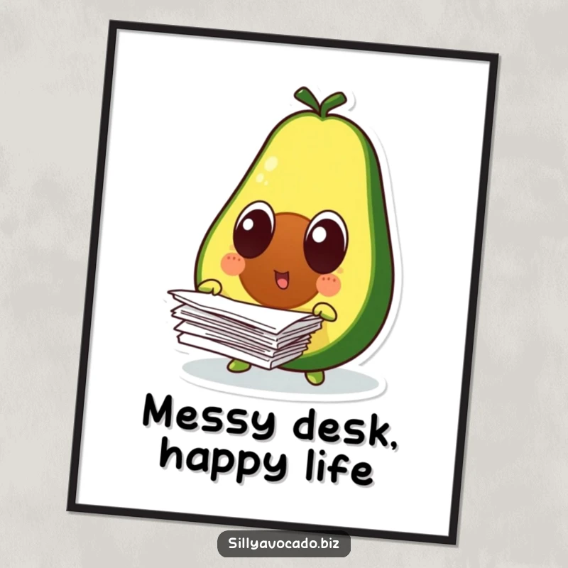 Funny free printable wall art: a surprised avocado with wide eyes, dropping a stack of papers, creating a humorous office-themed decor.