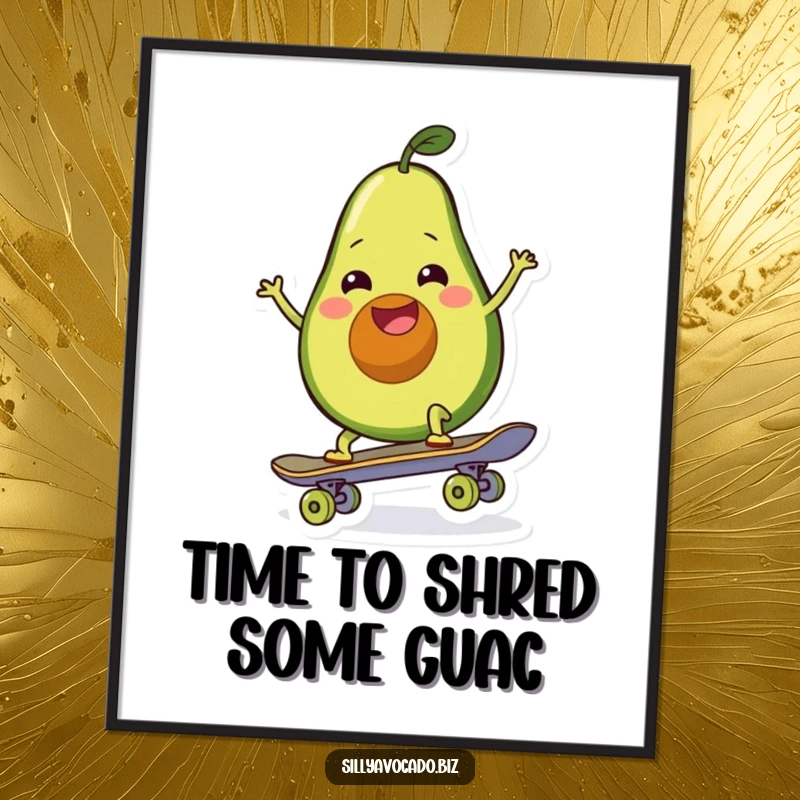 Funny Free Printable Wall Art of a wiggling avocado with a happy smile attempting to ride a skateboard, full of kinetic humor.