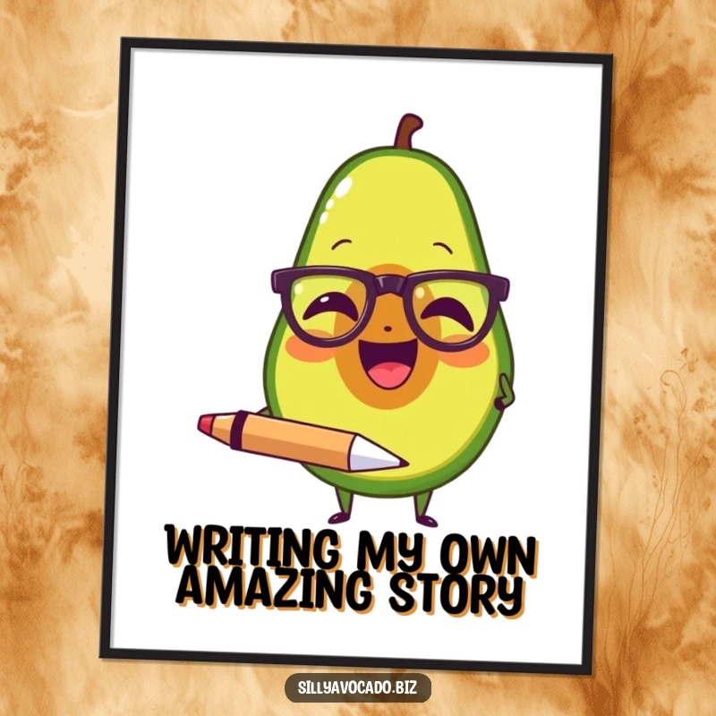 Funny Free Printable Wall Art: Avocado with Spectacles Laughing Holding Large Pen, Intellectual Quirky Art