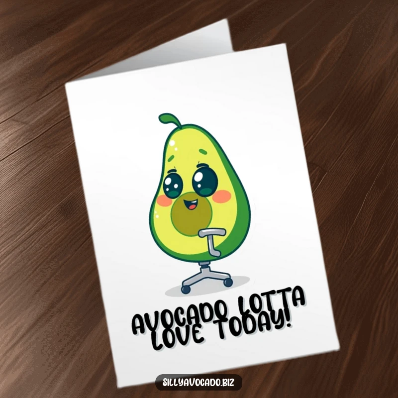 Funny free printable birthday card: a dizzy avocado character with swirling eyes, spinning wildly in a tiny office chair, looking confused.