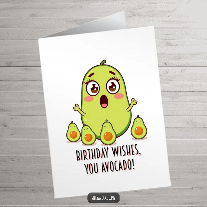 Funny Free Printable Birthday Card featuring a surprised avocado with wide eyes comically juggling three smaller avocados, full of birthday chaos.
