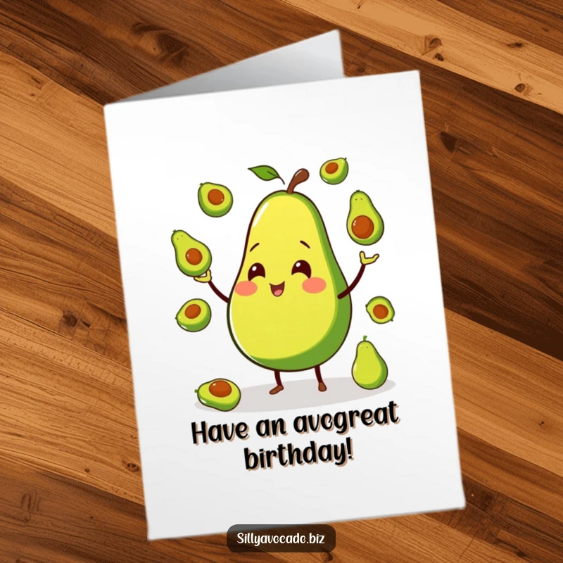 Funny Free Printable Birthday Card: Smiling Avocado with Small Legs Juggling Miniature Avocados, Greeting Card