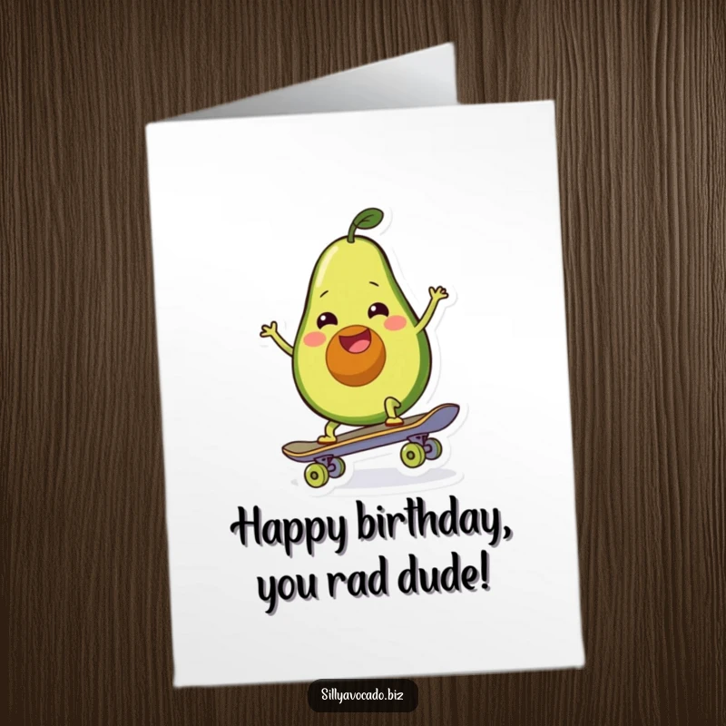 Funny Free Printable Birthday Card featuring a wiggling happy avocado attempting to ride a skateboard, full of birthday energy.