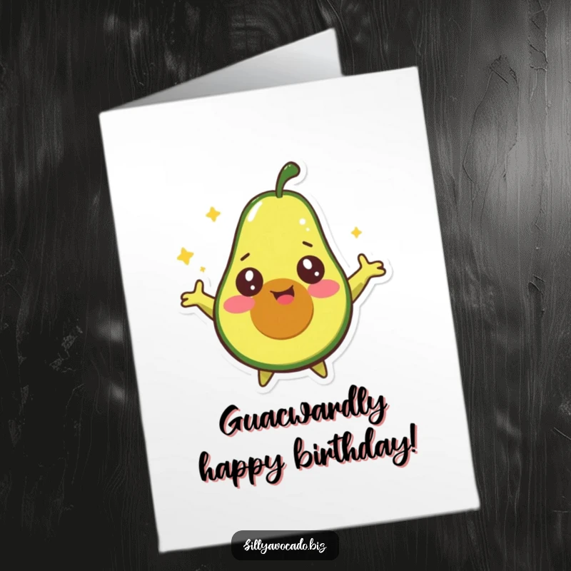 Funny Free Printable birthday card featuring a happy avocado with starry eyes spinning joyfully with arms outstretched, ready to party.