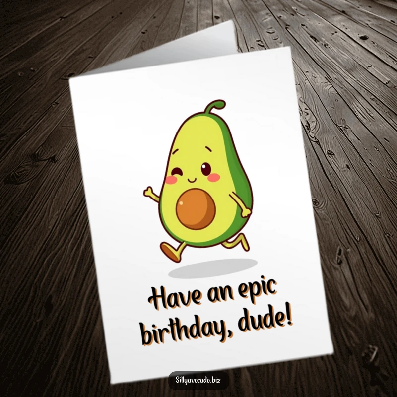 Funny Free Printable Birthday Card: An avocado character skillfully moonwalking with tiny, energetic legs, ready to celebrate.