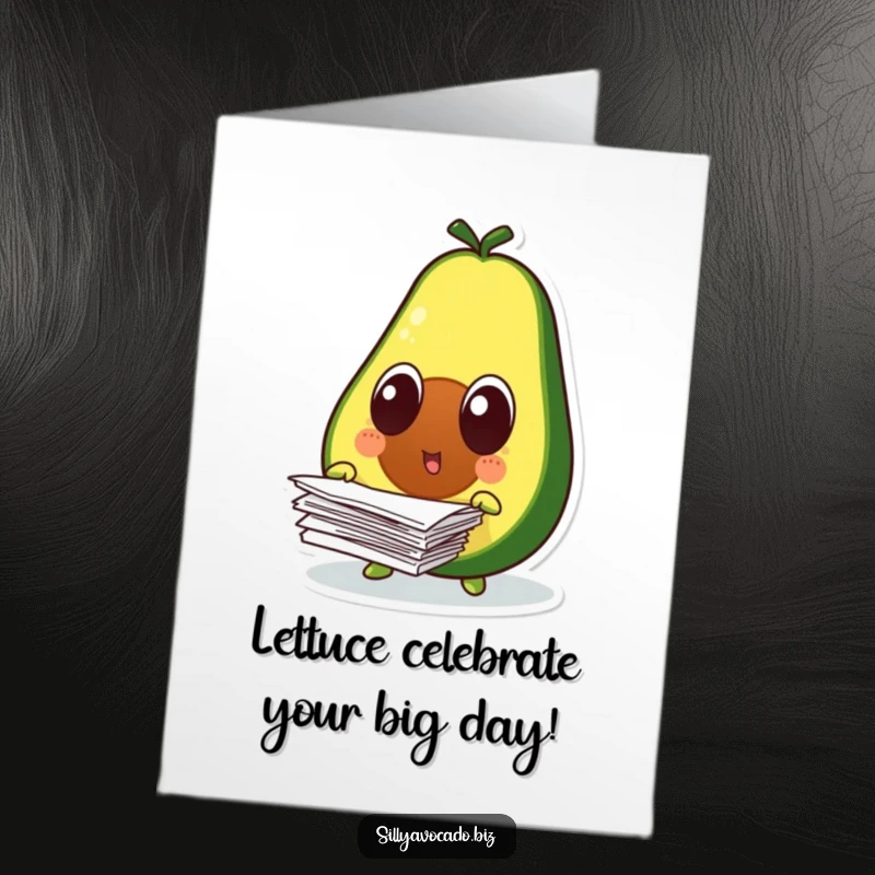 Funny free printable birthday card: a surprised avocado with wide eyes, dropping a messy stack of papers, capturing office mishap humor.