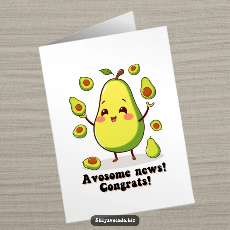 Funny Free Printable Congratulations Card: Smiling Avocado with Small Legs Juggling Miniature Avocados, Celebration