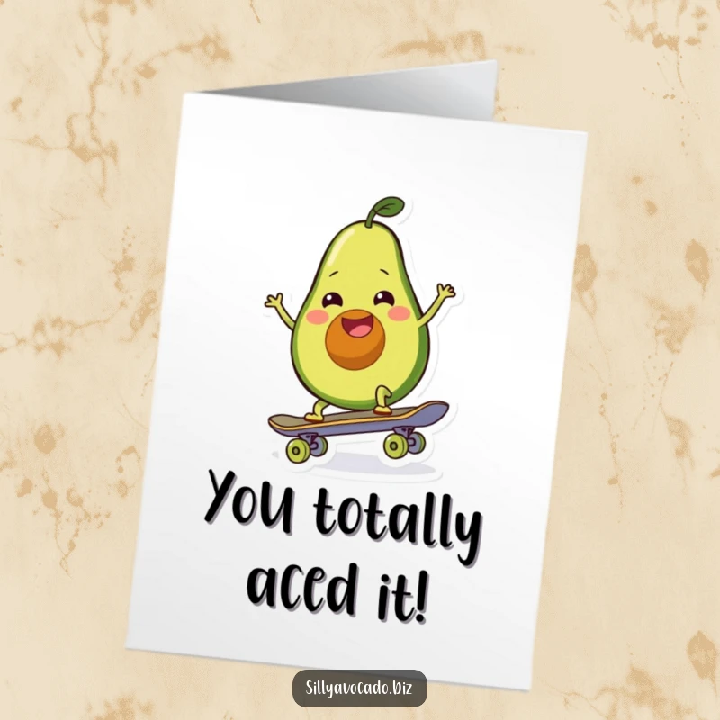 Funny Free Printable Congratulations Card showing a wiggling avocado with a happy smile cruising on a skateboard, celebrating victory.