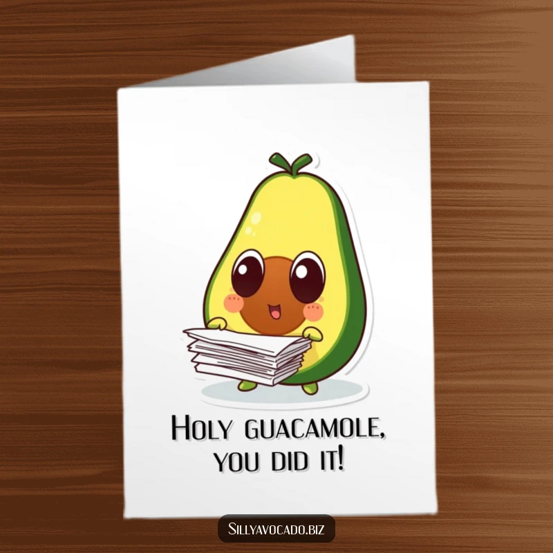 Funny free printable congratulations card: a surprised avocado with wide eyes, dropping papers, symbolizing a comically overwhelming achievement.