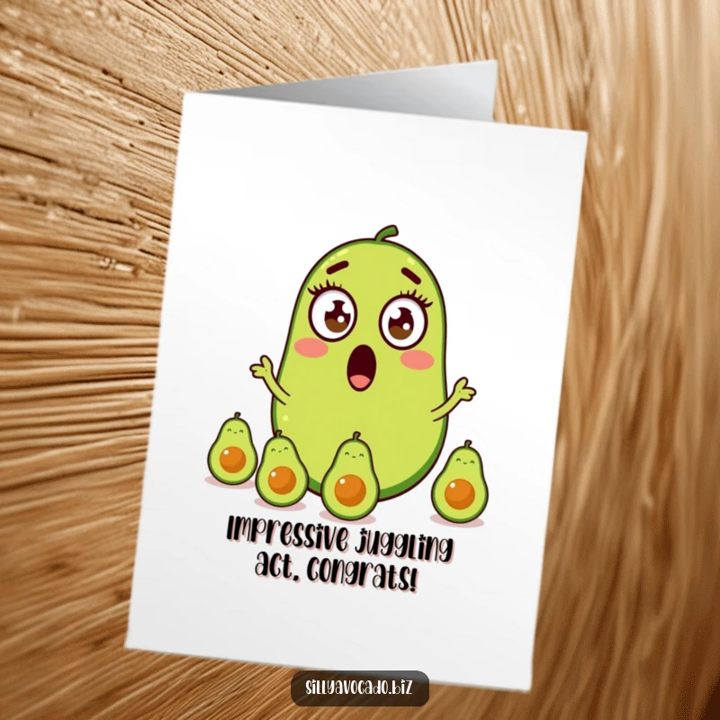 Funny Free Printable Congratulations Card showing a surprised avocado with wide eyes expertly juggling smaller avocados, celebrating a big win.