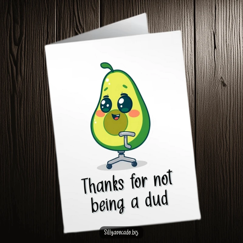 Funny free printable thank you card: a dizzy avocado character with swirling eyes, spinning in a tiny office chair, expressing dizzy gratitude.