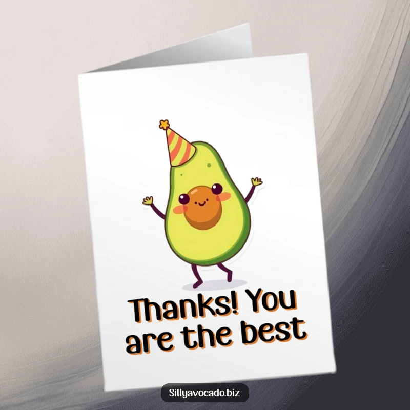 Funny Free Printable Thank You Card: A festive avocado with a party hat, dancing happily to express sincere thanks.