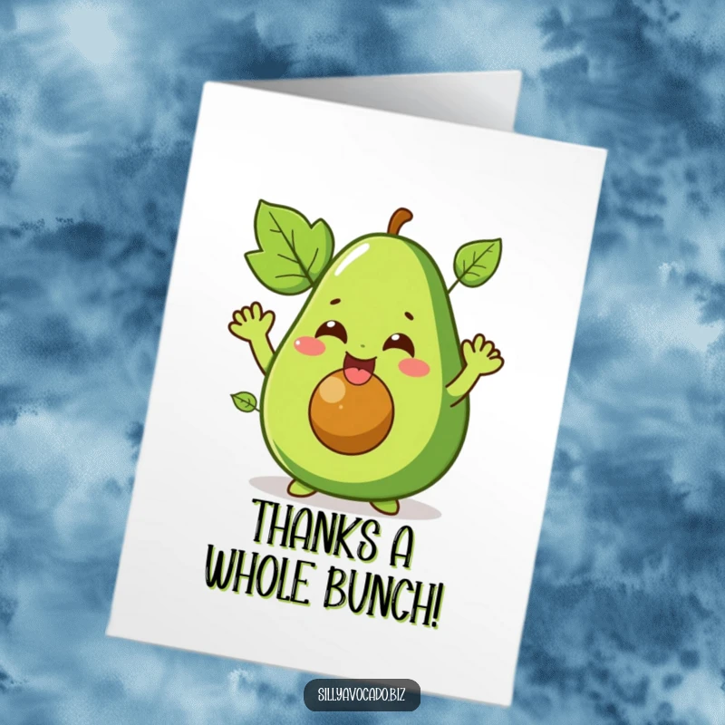 Funny Free Printable Thank You Card: A delighted, giggling avocado with leafy arms, expressing gratitude with a cheerful wave.