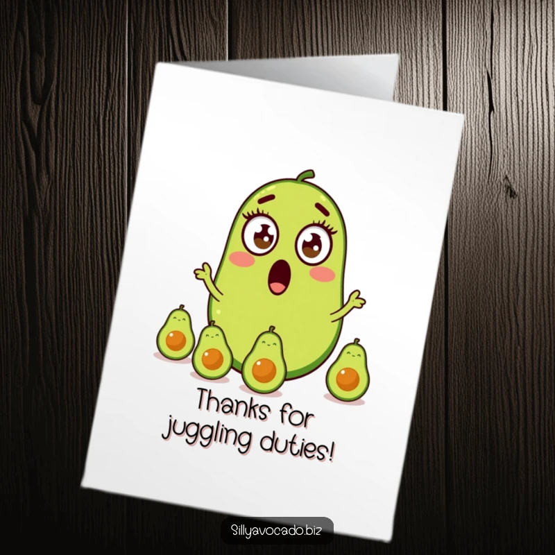 Funny Free Printable Thank You Card with a surprised avocado juggling smaller avocados, conveying a complex and heartfelt thank you.
