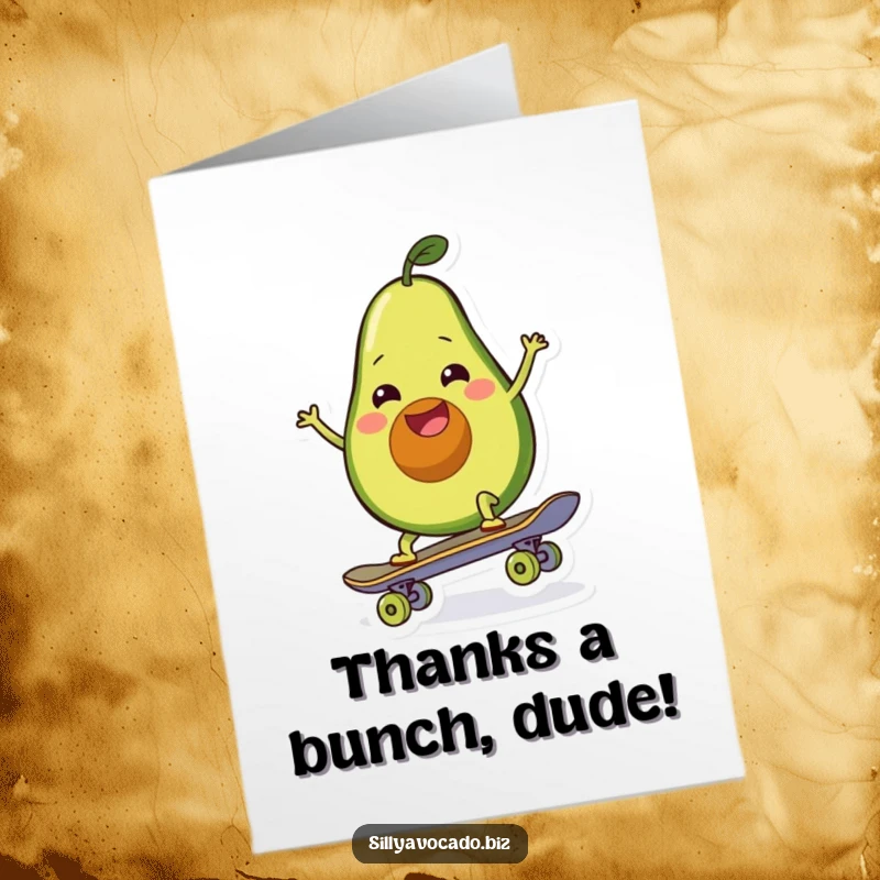Funny Free Printable Thank You Card with a wiggling happy avocado riding a skateboard, expressing thanks with style.