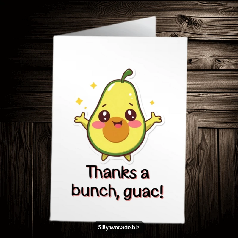 Funny Free Printable thank you card featuring a happy avocado with starry eyes spinning joyfully, expressing sincere gratitude.