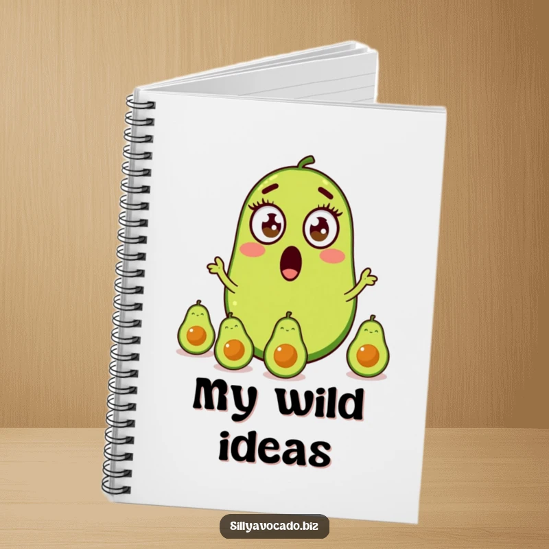 Funny notebook featuring a wide-eyed avocado juggling three smaller avocados, designed for creative minds.