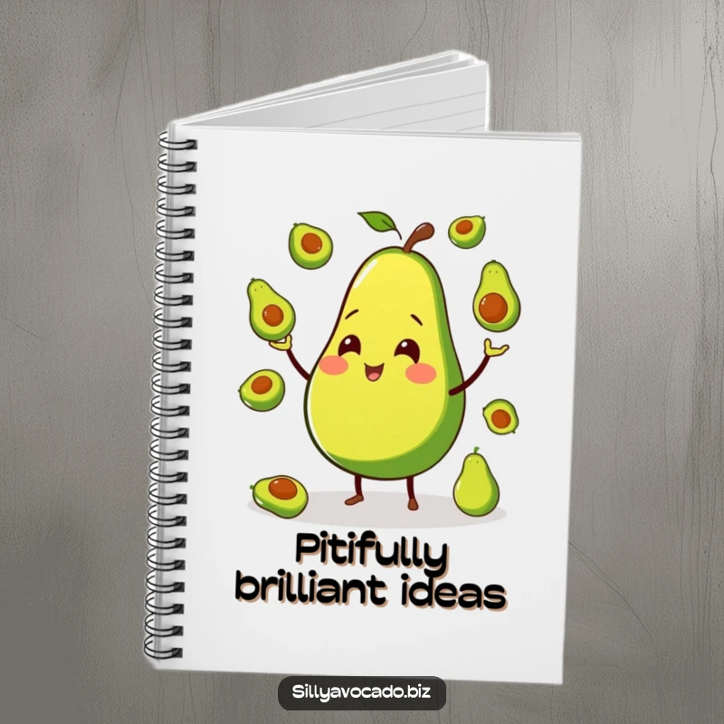 Funny notebook with a smiling avocado on small legs, juggling miniature avocados, ready for your notes.