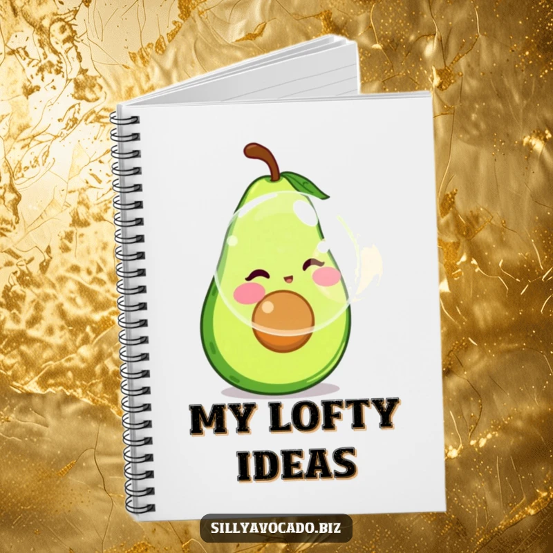 Funny notebook featuring a happy avocado with rosy cheeks blowing a giant bubble, perfect for journaling.