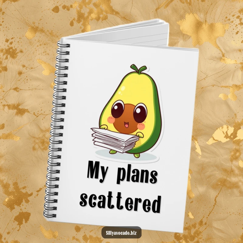 Funny surprised avocado character with wide eyes, dropping papers, on the cover of a functional notebook.