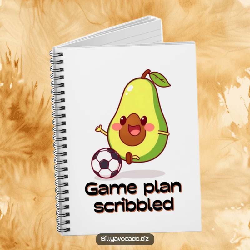 Funny notebook featuring a happy avocado with tiny legs kicking a soccer ball, perfect for note-taking.