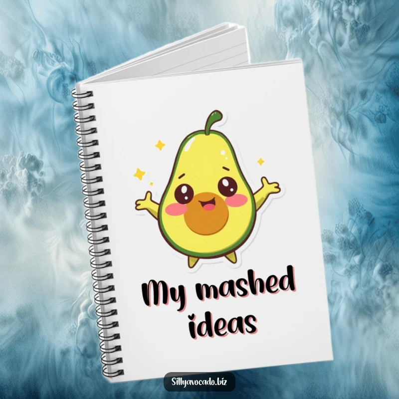 Funny Dizzy Avocado Notebook featuring a happy avocado with starry eyes spinning around with its arms outstretched, inspiring whimsical writing.