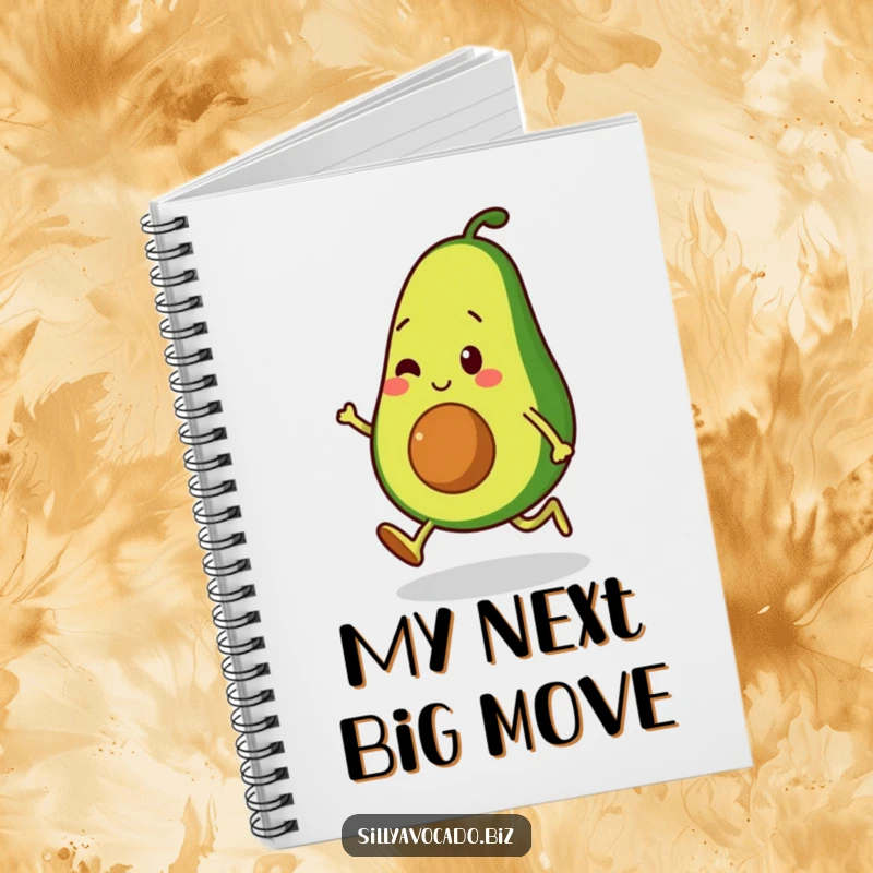 Funny notebook featuring an avocado character moonwalking with small, bouncy legs, perfect for capturing inspired thoughts.