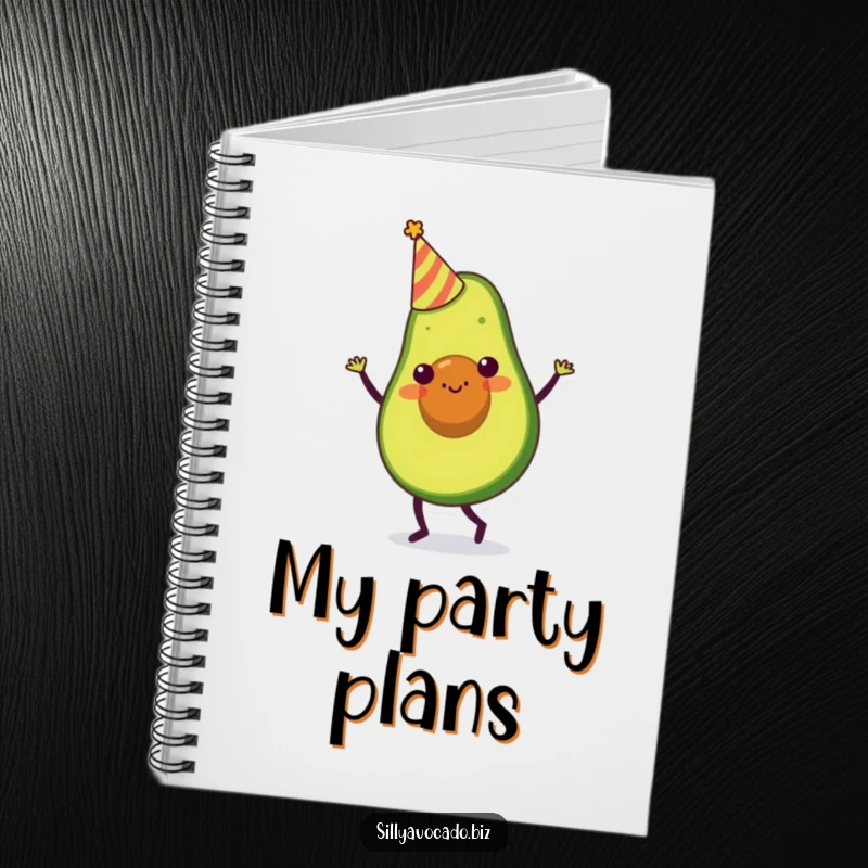 Funny notebook with a party avocado character in a tiny hat, doing a silly dance for inspired note-taking.