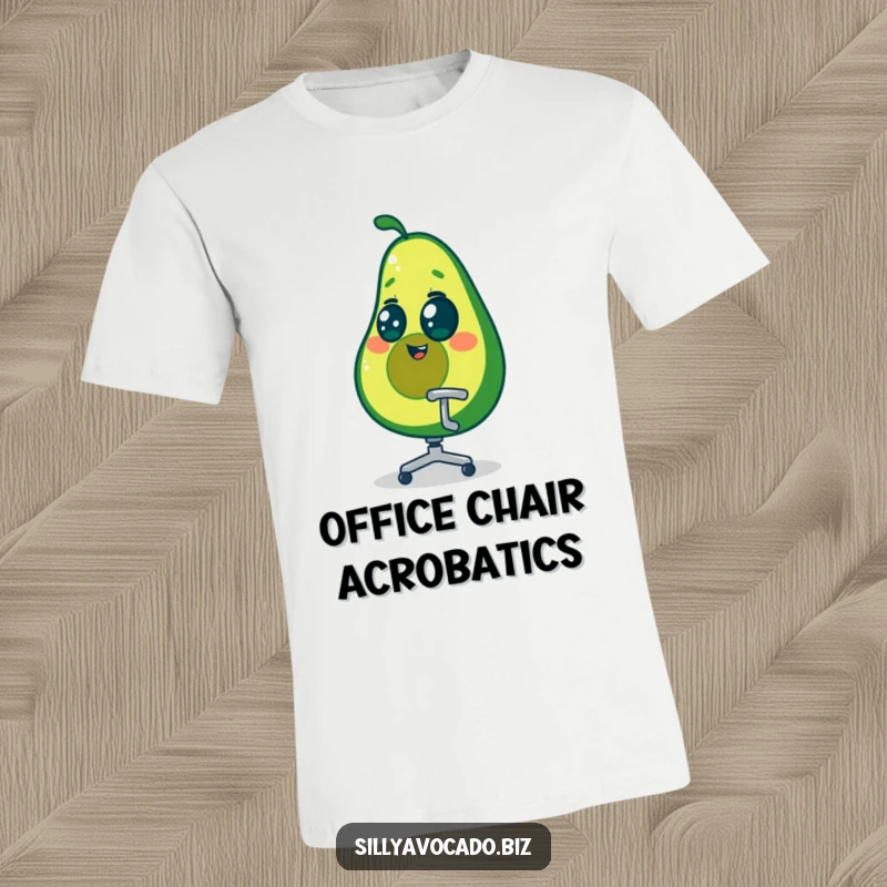 Funny dizzy avocado character spinning in a tiny office chair, with swirling eyes, printed on a comfortable tee.
