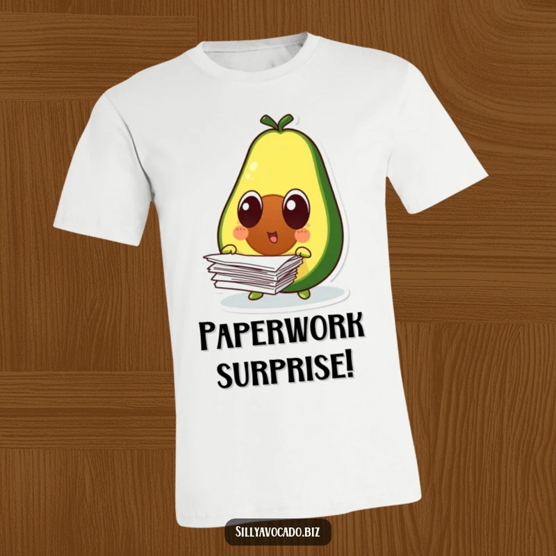 Funny surprised avocado character with wide eyes, scattering papers, on a comfortable, graphic t-shirt.