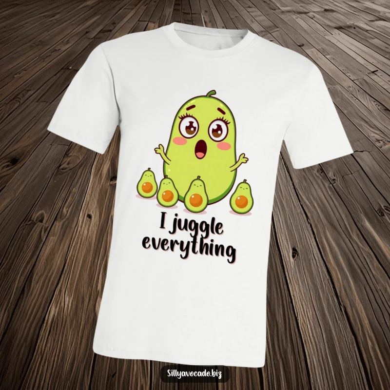 Funny t-shirt depicting a shocked avocado with big eyes juggling baby avocados, capturing a moment of delightful chaos.