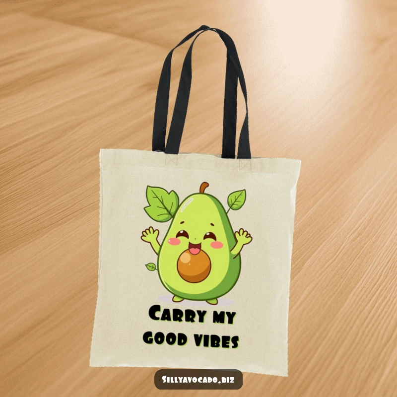 Funny tote bag depicting a giggling avocado character with playful leafy arms waving enthusiastically, a durable and humorous accessory.