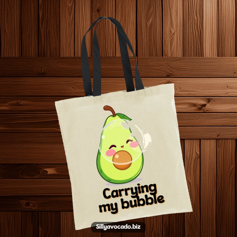 Funny tote bag with a rosy-cheeked avocado blowing a gigantic bubble, bringing a sense of wonder.