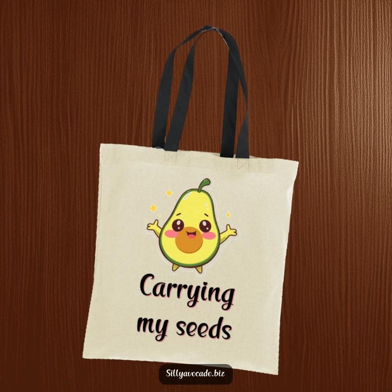 Funny Dizzy Avocado Tote Bag illustrating a happy avocado with starry eyes spinning around with its arms outstretched, ready for fun.