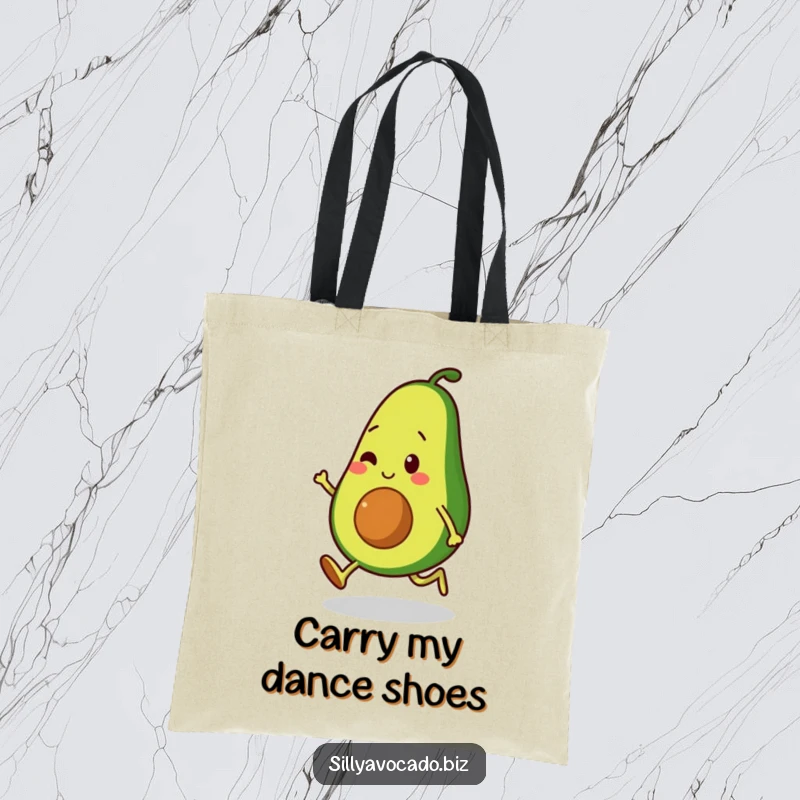 Funny tote bag depicting an avocado character moonwalking with small, bouncy legs, a stylish and humorous carry-all.
