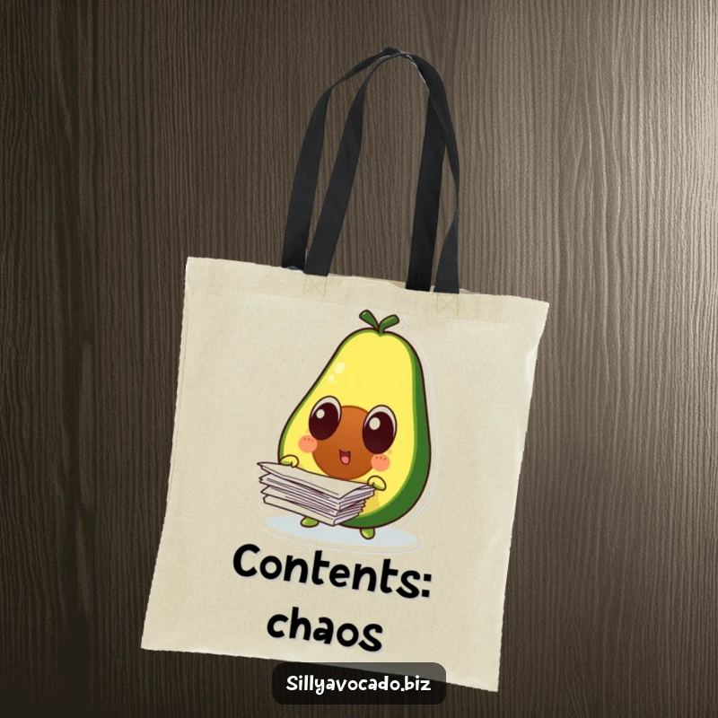 Funny surprised avocado character with wide eyes, dropping a large stack of papers, on a durable tote bag.