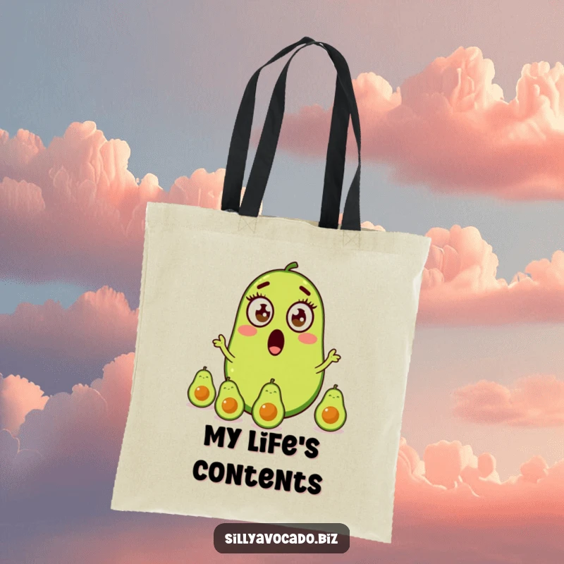 Funny tote bag featuring an amazed avocado with large eyes juggling three tiny avocados, showcasing its impressive feat.